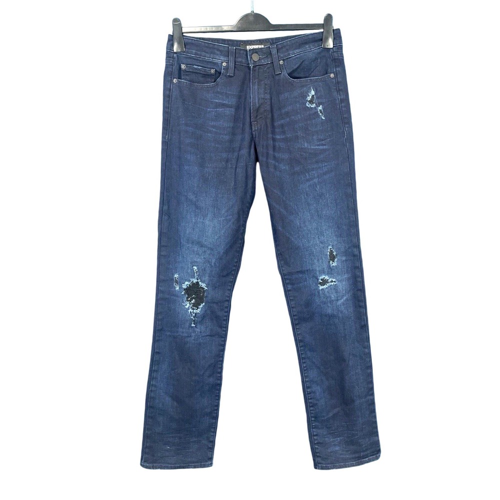 EXPRESS Slim Fit DARK BLUE Destroyed Stretch Denim 5-POCKETS Men's JEANS 31x34